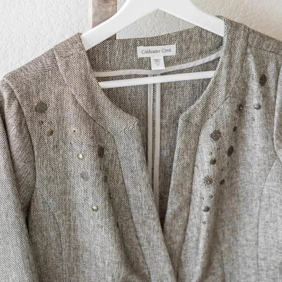 COLDWATER CREEK CROPPED BLAZER SZ 12 METALLIC THREAD GOLD HARDWARE 3/4 SLEEVES - Picture 2 of 11